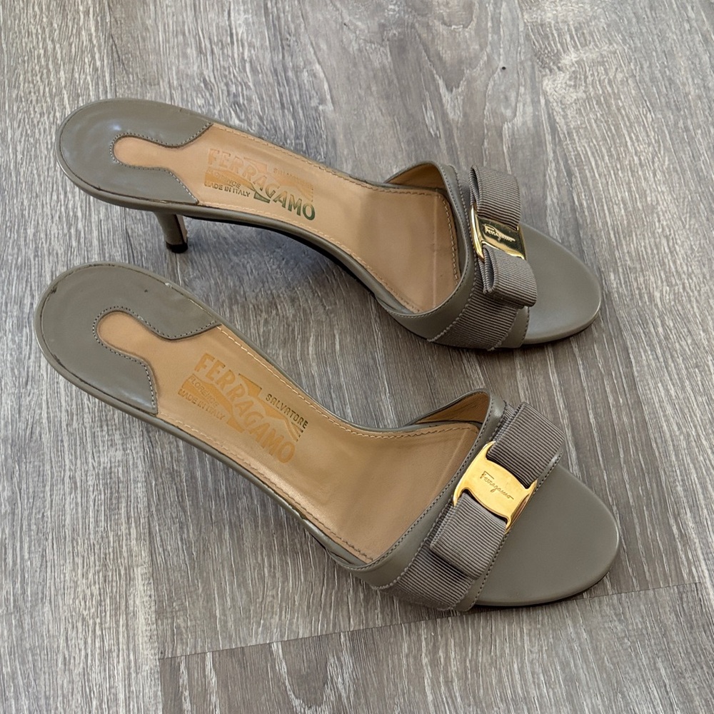 Salvatore Ferragamo Taupe Mules with Gold Accent - Picture 2 of 8
